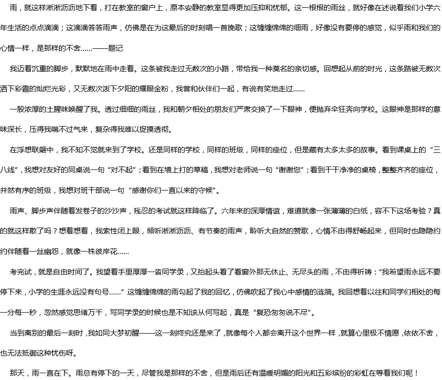 2020年中考滿分作文參考范文：那天，雨一直下